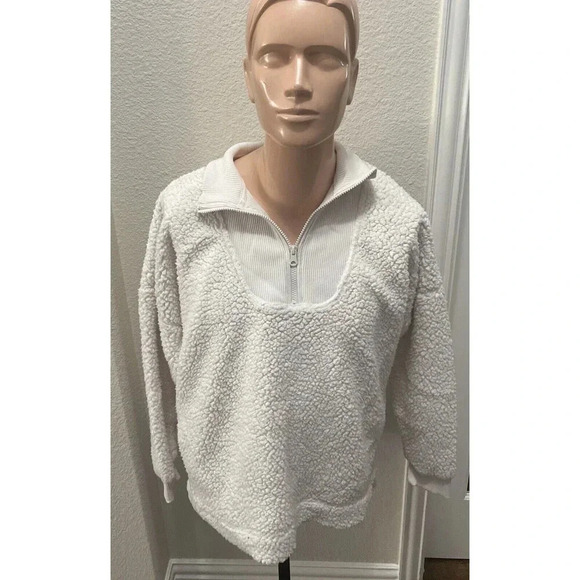 Aerie Dream Sherpa Quarter Zip Sweatshirt Oversized Cream Women’s Size Medium - Picture 1 of 4